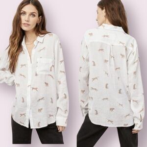 Rails Charli Playful Cheetah Linen Blend Gauze Button Down Top White Size Medium